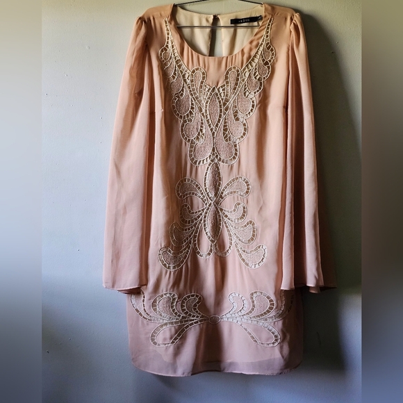 Ark & Co Pink Tan Embellished Sheath Dress with Bishop Sleeves - Picture 1 of 7